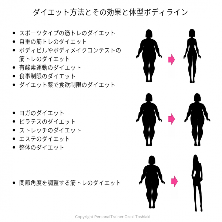 スポーツタイプの筋トレのダイエット 自重の筋トレのダイエット ボディビルやボディメイクコンテストの筋トレのダイエット 有酸素運動のダイエット 食事制限のダイエット ダイエット薬で食欲制限のダイエットヨガのダイエット ピラテスのダイエット ストレッチのダイエット