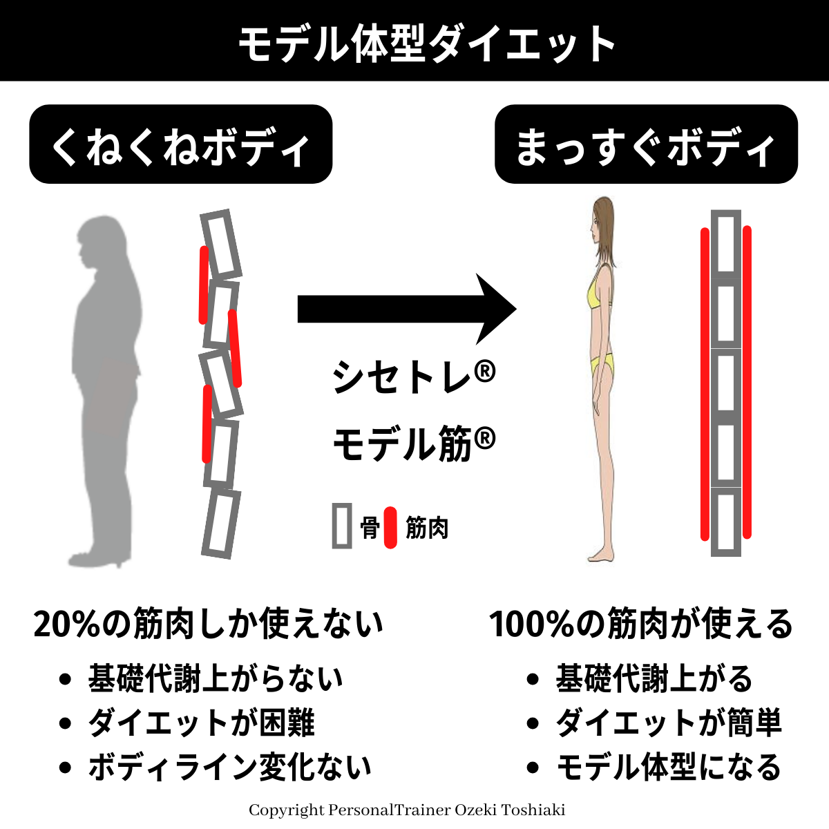 まっすぐボディ：100%の筋肉が使えるトップモデルの骨格　くねくねボディは20%の筋肉しか使えないからダイエットが困難
